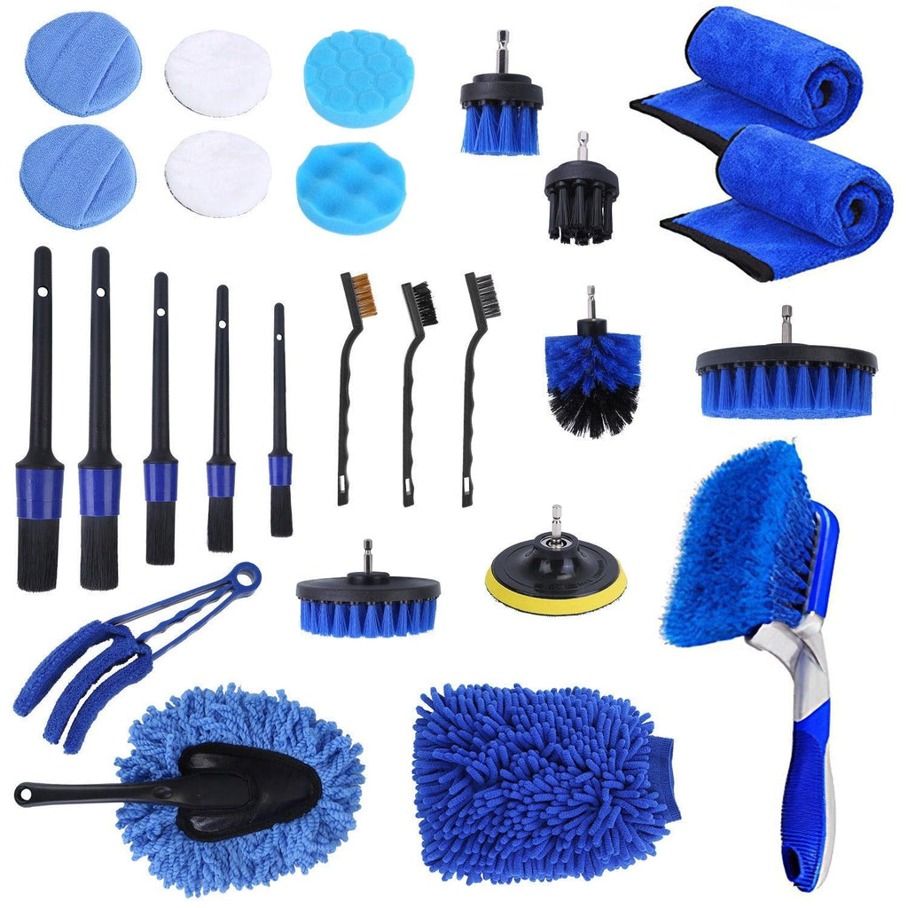 26Pcs Car Detailing Brush Set Complete Cleaning Kit with Drill Brushes & Buffing Pads - Achevera