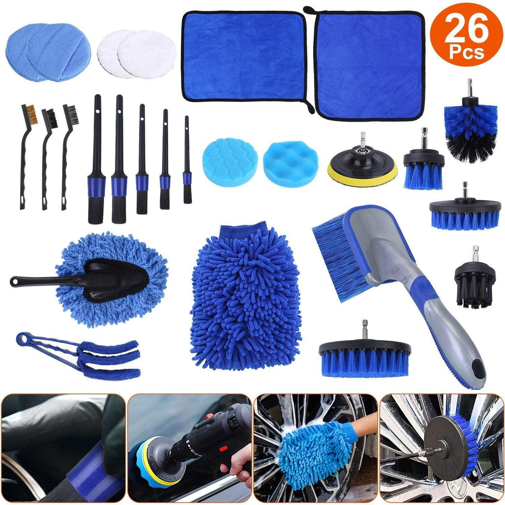 26Pcs Car Detailing Brush Set Complete Cleaning Kit with Drill Brushes & Buffing Pads - Achevera