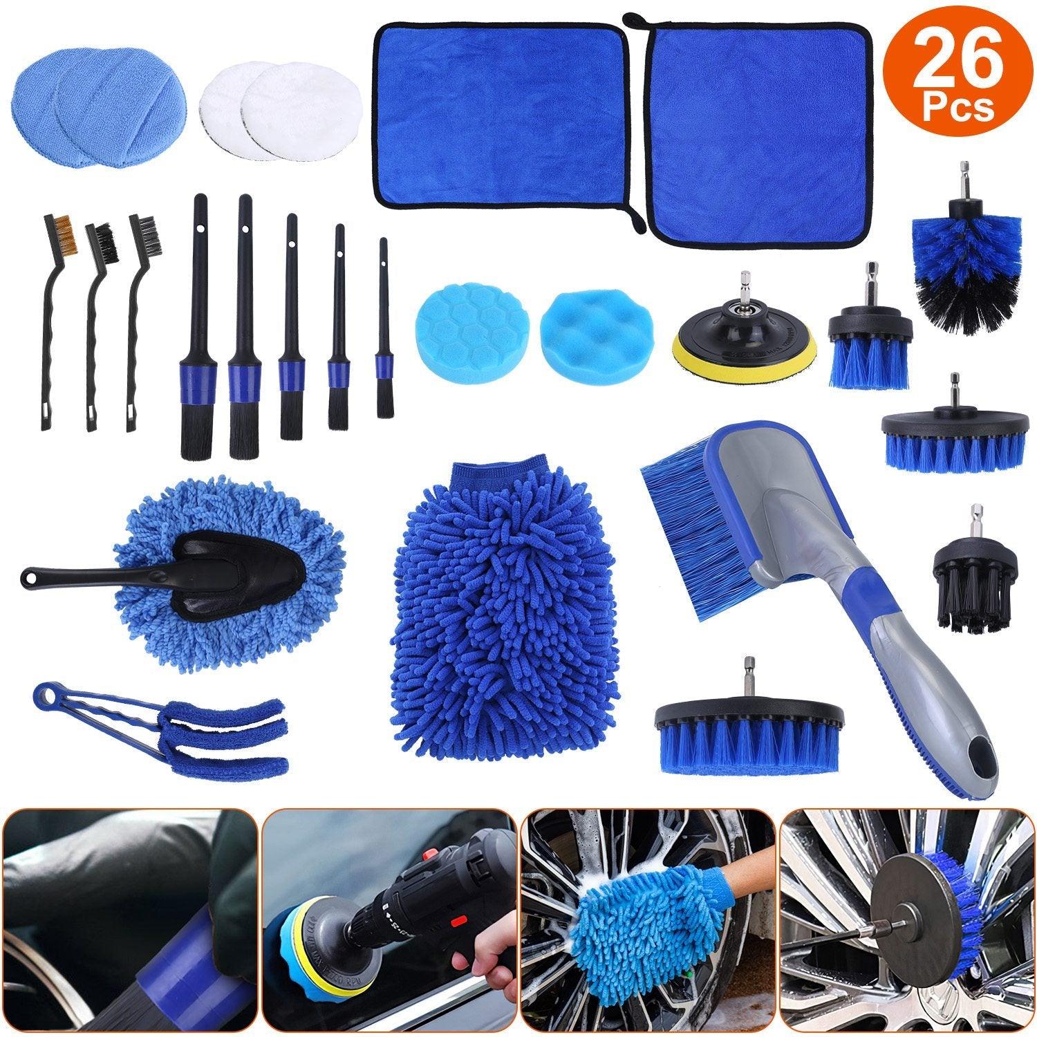 26Pcs Car Detailing Brush Set Complete Cleaning Kit with Drill Brushes & Buffing Pads - Achevera