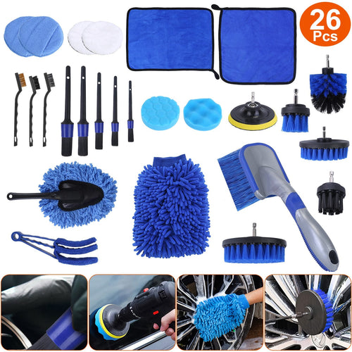 26Pcs Car Detailing Brush Kit Exterior Interior Car Cleaning Set Drill Brush Set Car Buffing Sponge Pads Kit For Cleaning Automobile Interior Exterior Wheels Dashboard - Achevera