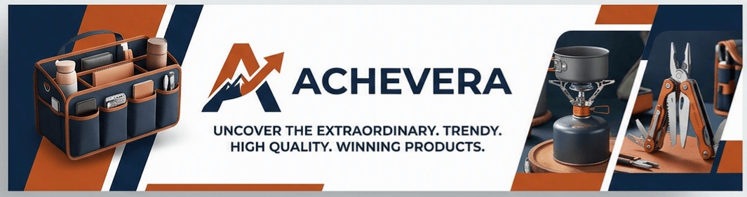 A promotional banner for ACHEVERA featuring multiple camping and outdoor gear products, including a tool organizer bag, a portable stove, and pliers, set against a white background with orange and navy graphic accents and the ACHEVERA logo.